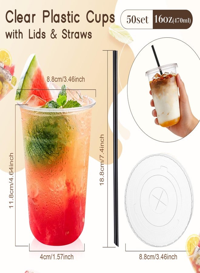tchrules 50 Set 16oz Clear Plastic Cups with Lids & Straws, Disposable Iced Coffee Cup with Lid, Round Bottom To Go Cups for Cold Drinks Slushie Smoothie Lemonade Soda Bar Party Cafe Shop Supplies - Image 2